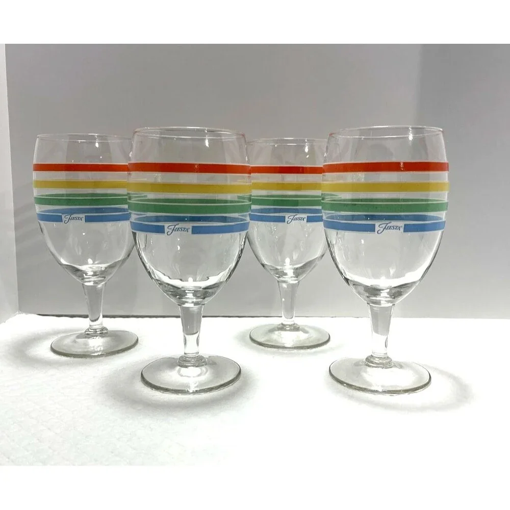 Set of 4 Fiesta Multicolor Striped Footed Goblets/Wine Glasses, No Chips-EXCL